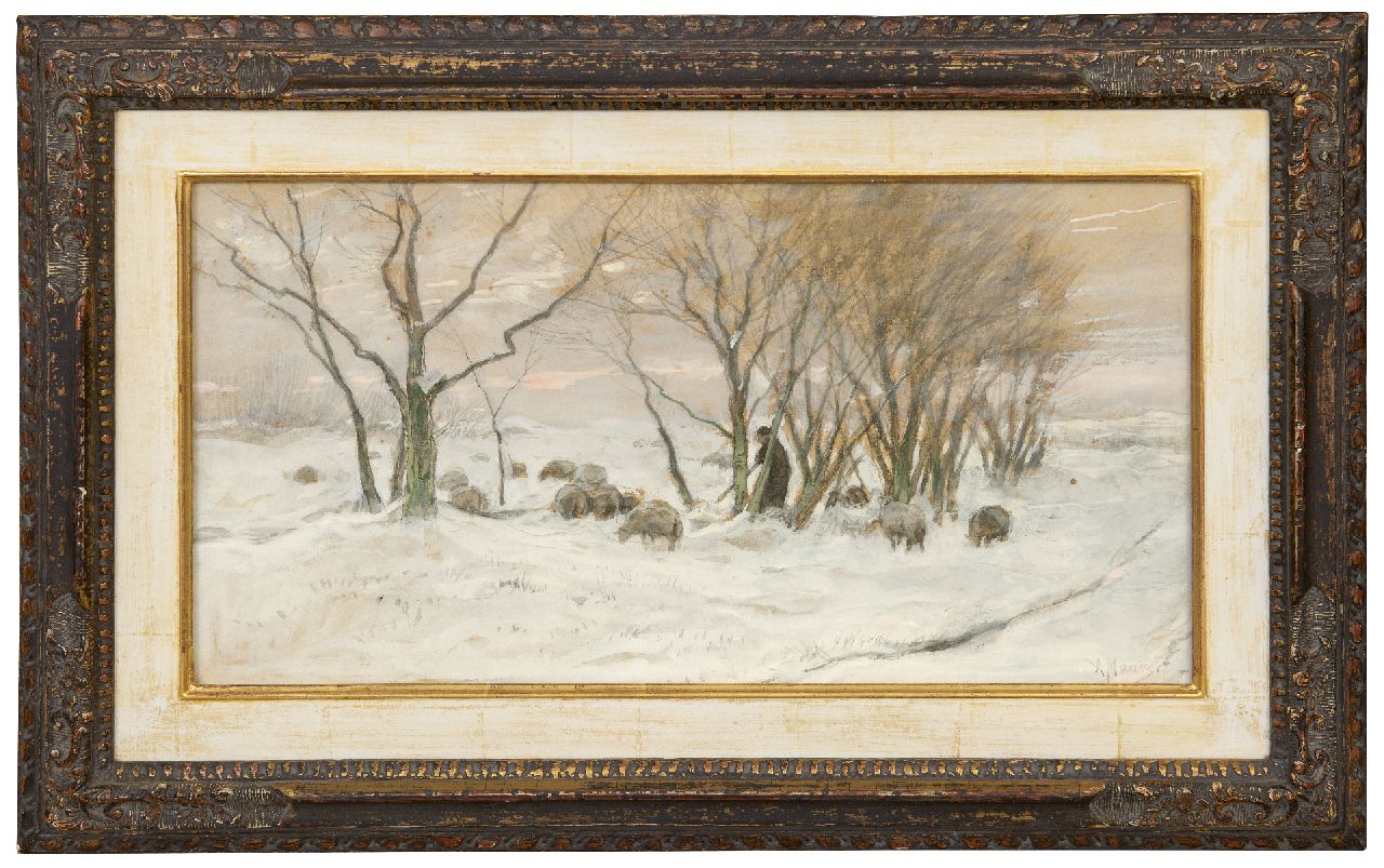 Mauve A.  | Anthonij 'Anton' Mauve | Watercolours and drawings offered for sale | Shepherd and sheep in the snow, watercolour on paper 25.3 x 48.4 cm, signed l.r.