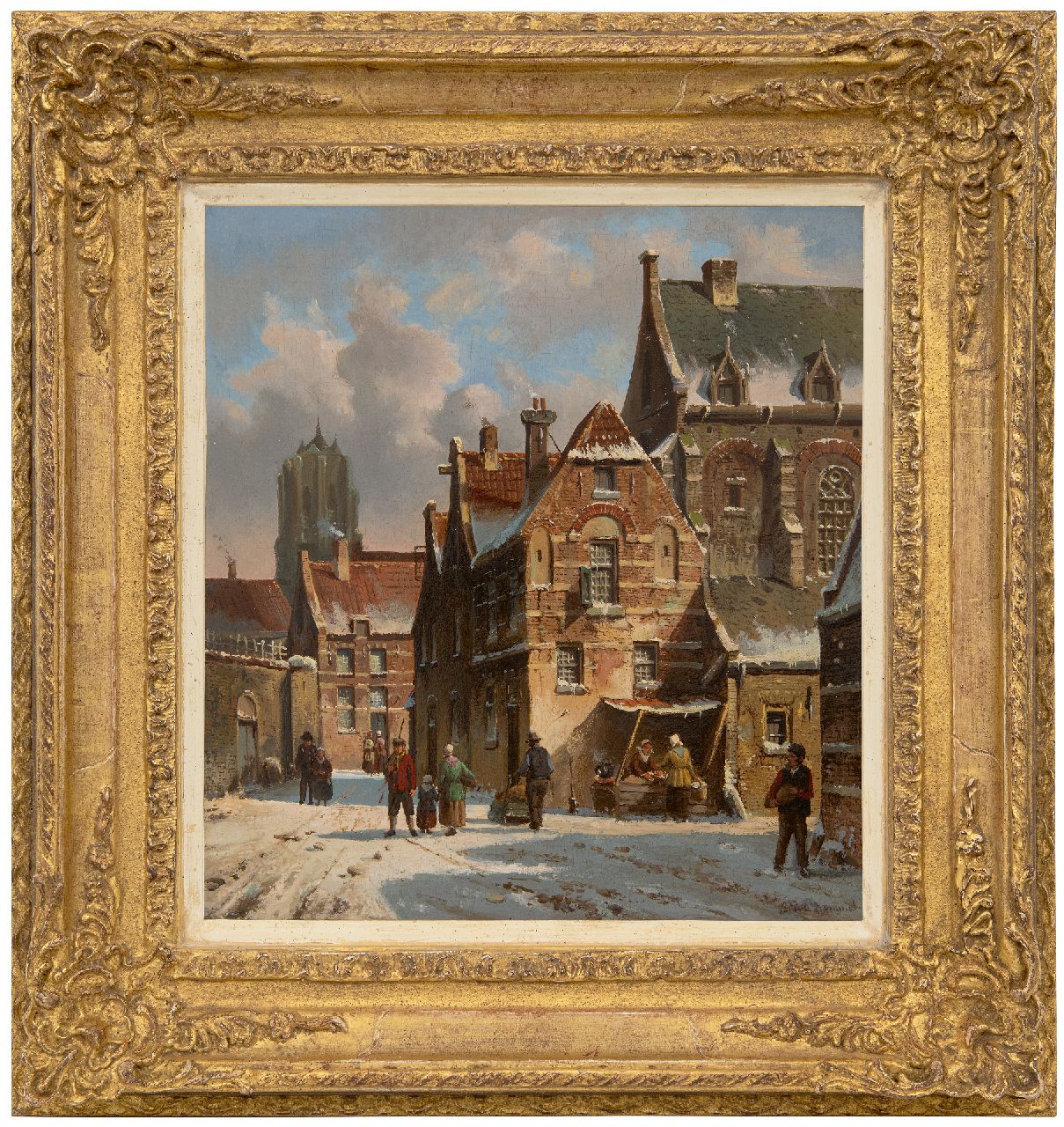 Bommel E.P. van | Elias Pieter van Bommel | Paintings offered for sale | Dutch cityscape in winter, oil on panel 31.7 x 29.0 cm, signed l.r.
