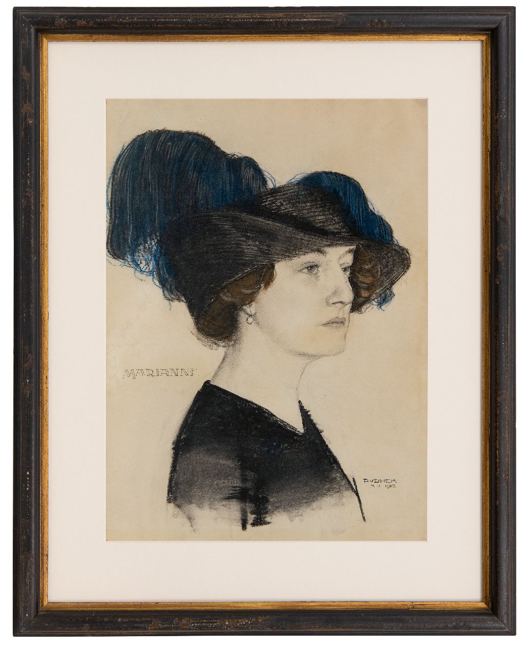 Hem P. van der | Pieter 'Piet' van der Hem | Watercolours and drawings offered for sale | Marianne with fashionable hat, chalk on paper 54.0 x 39.3 cm, signed l.r. and dated 'Mei' 1912