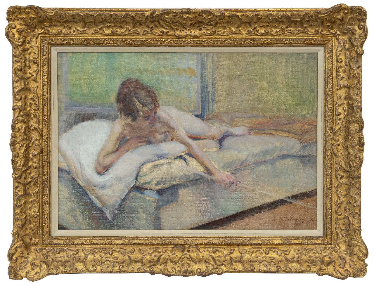 Karbowsky A.  | Adrien Karbowsky, Female nude on a bed, oil on canvas 38.3 x 55.1 cm, signed l.r. and dated 1912