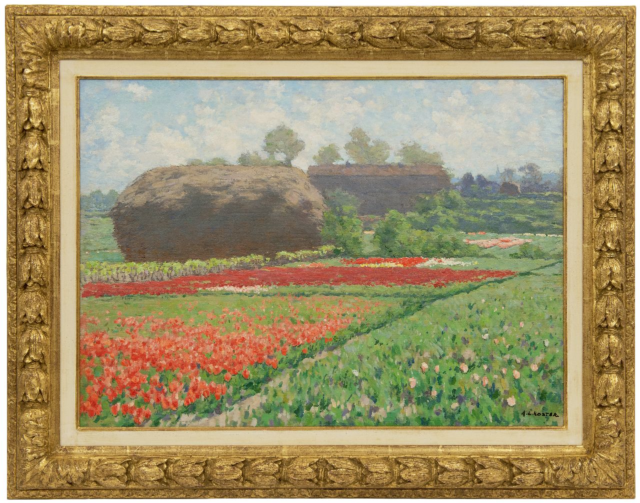 Koster A.L.  | Anton Louis 'Anton L.' Koster, Late tulips and a reed stack near Bennebroek, oil on canvas 50.6 x 70.5 cm, signed l.r.