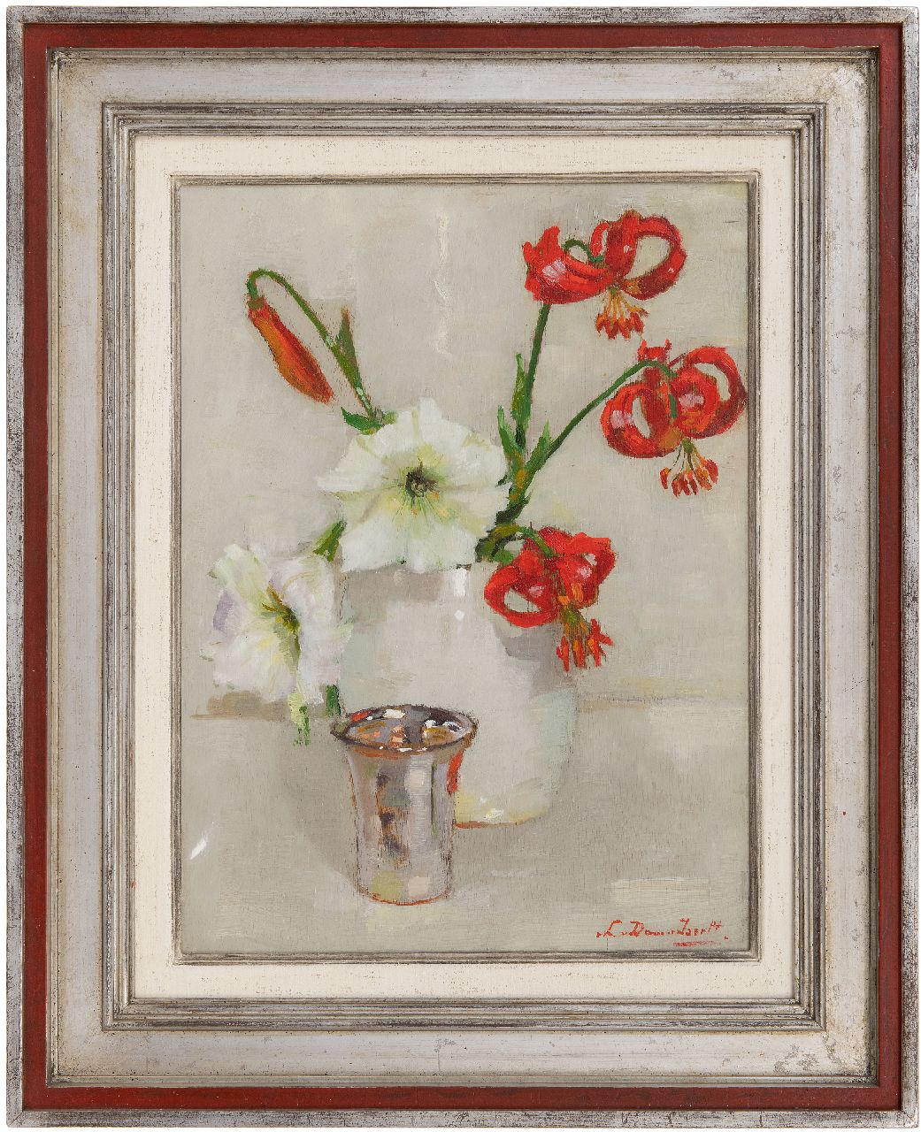 Dam van Isselt L. van | Lucie van Dam van Isselt, Red lillies, oil on panel 40.2 x 30.1 cm, signed l.r. and painted ca. 1930