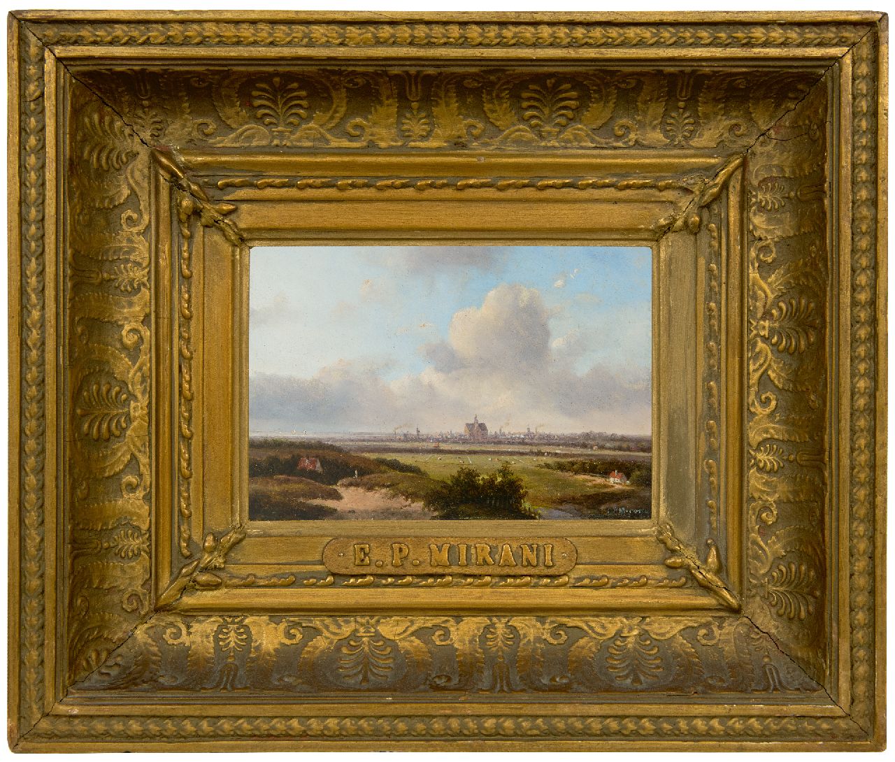 Mirani E.B.G.P.  | 'Everardus' Benedictus Gregorius Pagano Mirani | Paintings offered for sale | Panoramic landscape with Haarlem and the Haarlemmermeer in the distance, oil on panel 13.0 x 18.0 cm, signed l.r.