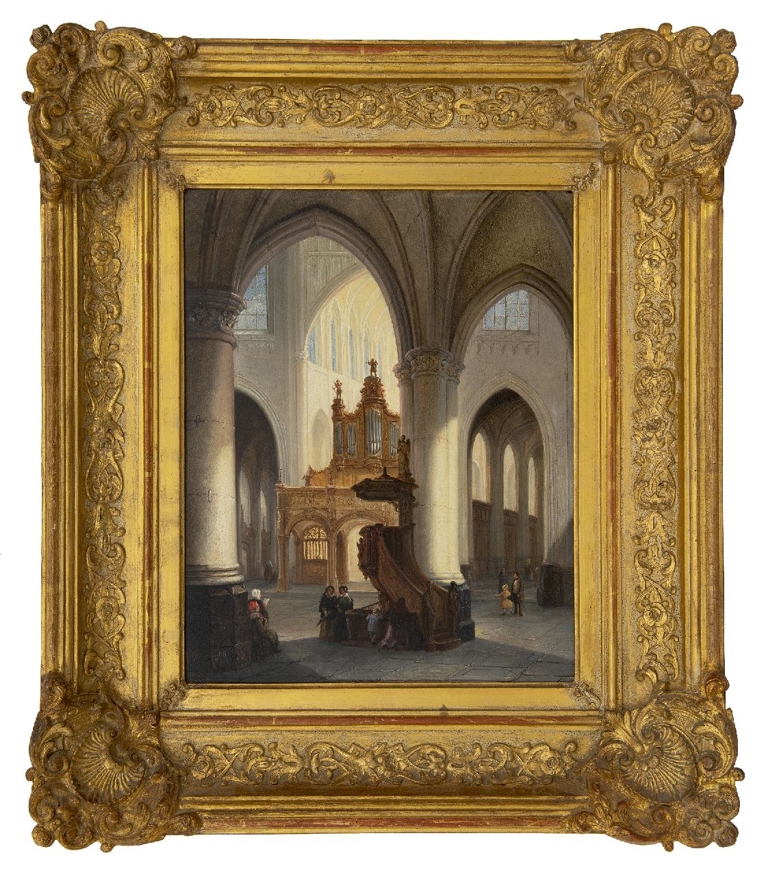 Tetar van Elven J.B.  | Jan 'Johannes' Baptist Tetar van Elven | Paintings offered for sale | A church interior with figures, oil on panel 36.8 x 29.7 cm, signed l.l. with initials and out full on the reverse
