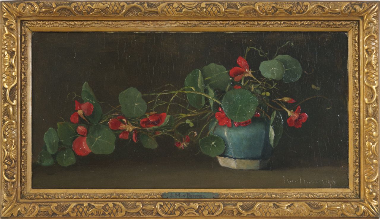 Bommel J.M. van | Jacobus Marinus van Bommel, Indian Cress in a ginger pot, oil on panel 22.3 x 44.1 cm, signed l.r. and dated 1918