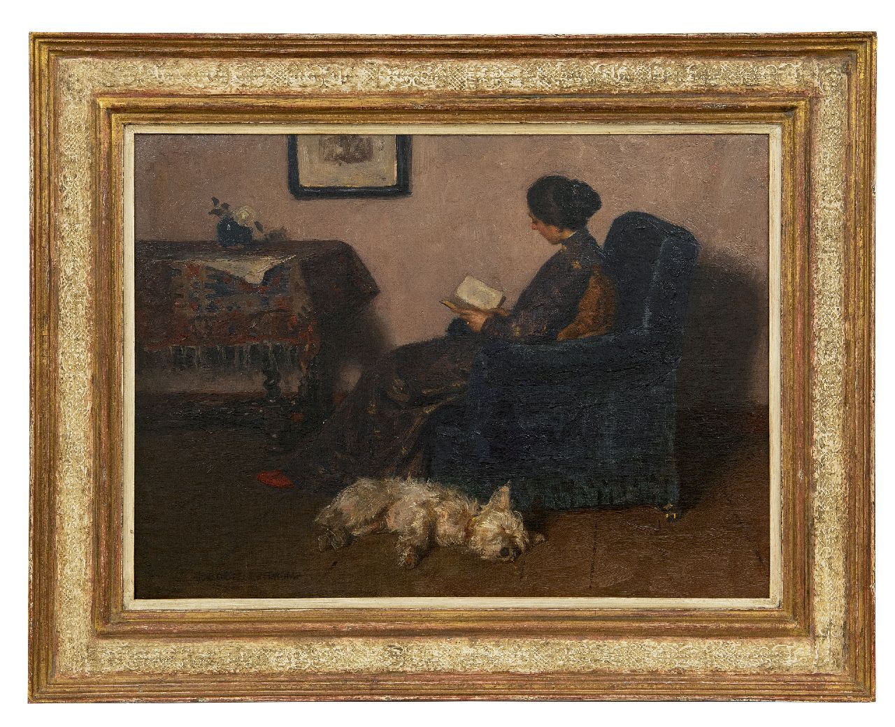 Zoetelief Tromp J.  | Johannes 'Jan' Zoetelief Tromp | Paintings offered for sale | The painter's wife reading, with their dog Billie, oil on canvas 41.5 x 55.5 cm, signed l.l.