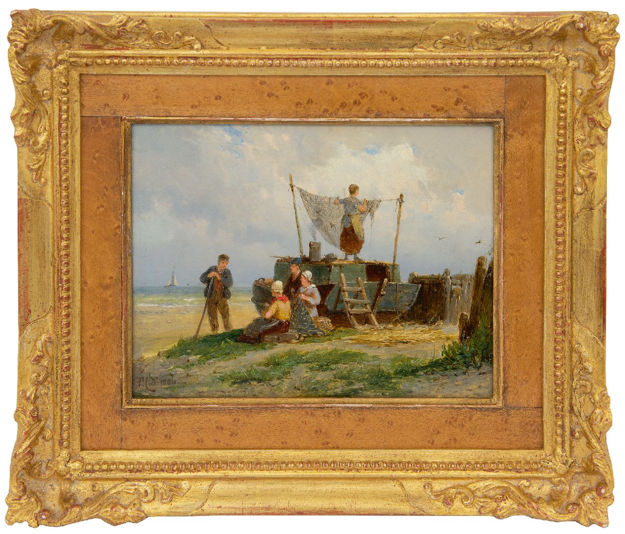 Dommershuijzen P.C.  | Pieter Cornelis Dommershuijzen | Paintings offered for sale | Fisherfolk drying the nest, oil on panel 15.0 x 20.2 cm, signed l.l. with initials and dated 1886