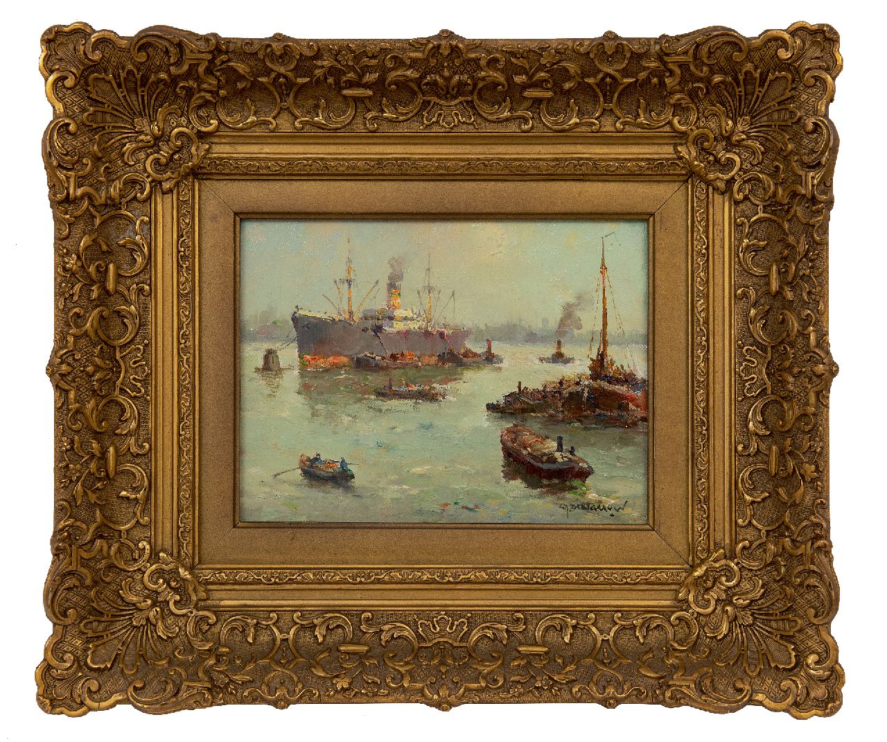 Delfgaauw G.J.  | Gerardus Johannes 'Gerard' Delfgaauw, Shipping at Rotterdam, oil on canvas 18.8 x 24.7 cm, signed l.r.