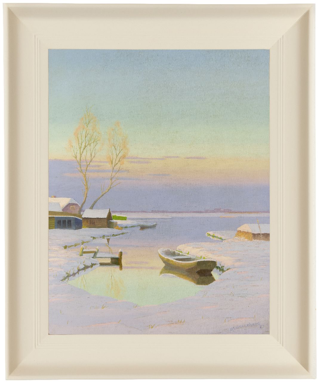 Smorenberg D.  | Dirk Smorenberg, The Loosdrechtse Plassen in winter at sunset, oil on canvas 53.3 x 41.5 cm, signed l.r.