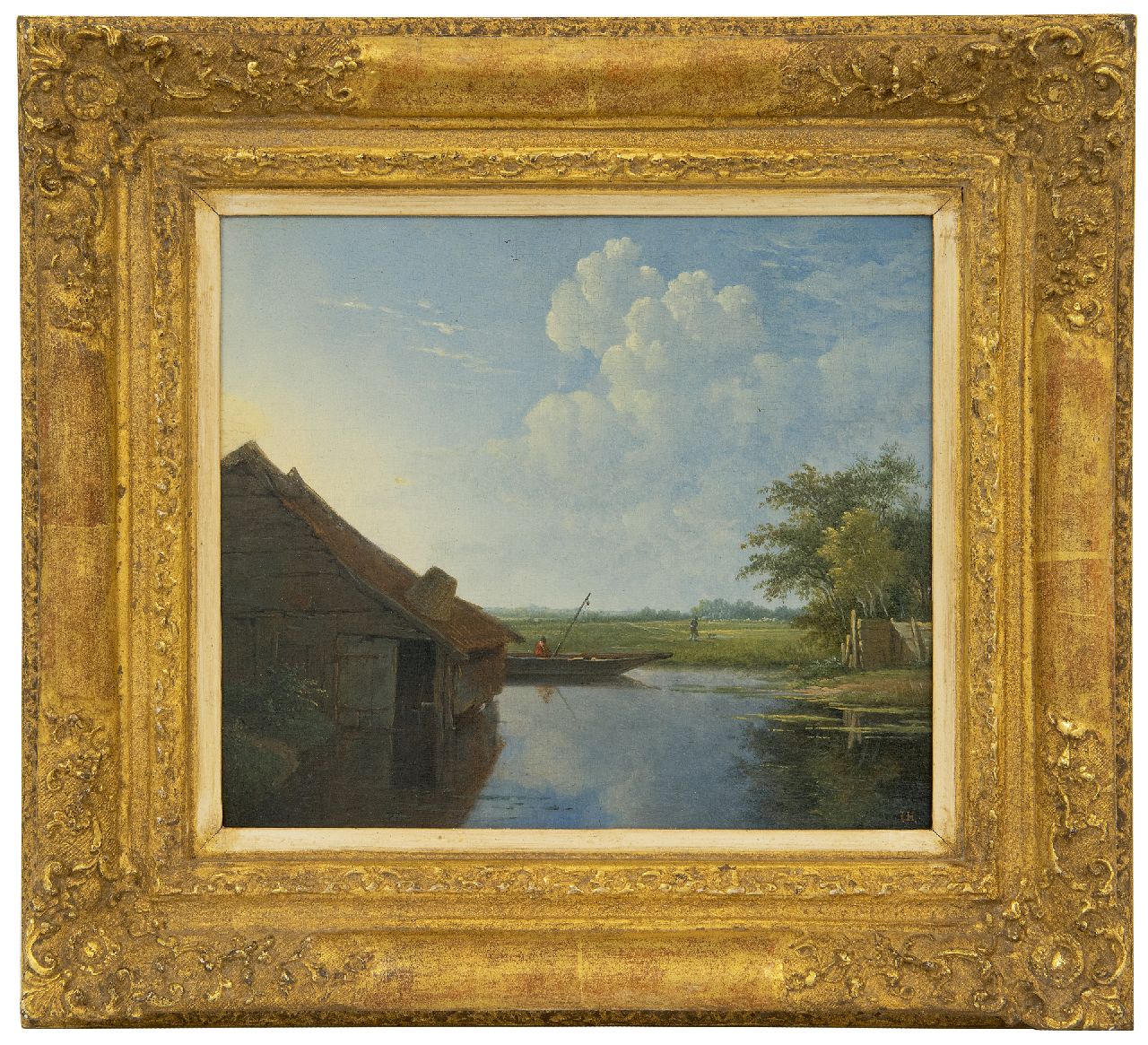 Hilverdink J.  | Johannes Hilverdink | Paintings offered for sale | An angler in a river landscape, oil on panel 20.8 x 23.7 cm, signed l.r. with initials