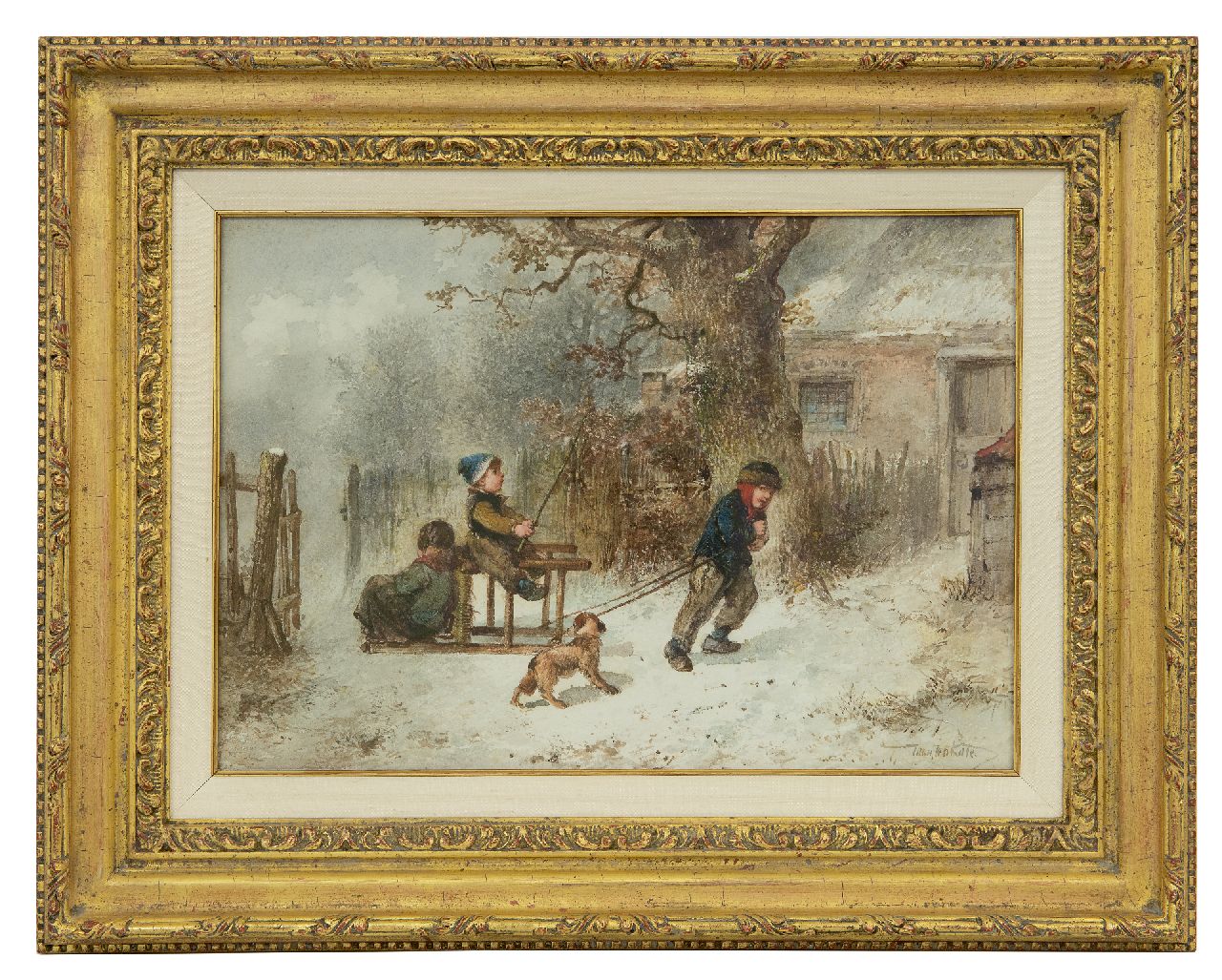 Kate J.M.H. ten | Johan 'Mari' Henri ten Kate | Watercolours and drawings offered for sale | Playing horse and carriage in the snow, watercolour on paper 25.1 x 35.6 cm, signed l.r.