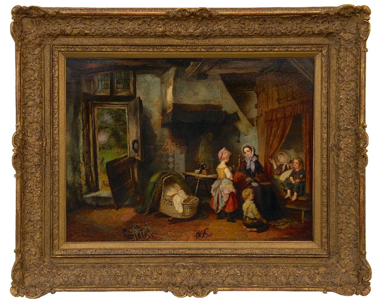 Fabius J.  | Jan Fabius, Visiting the new mother, oil on panel 49.2 x 99.0 cm, ?