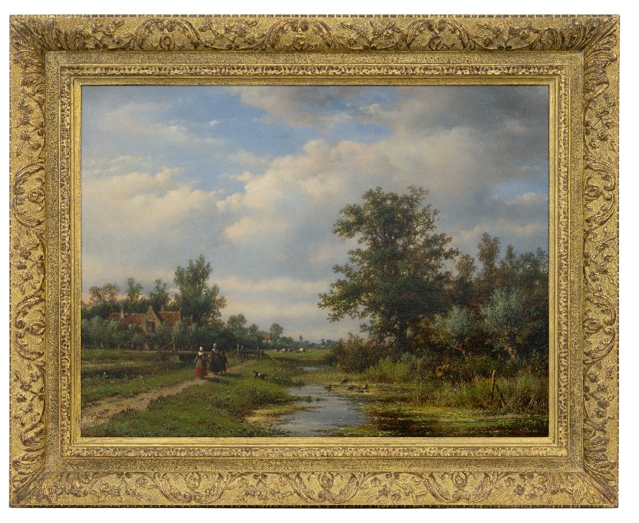 Kleijn L.J.  | Lodewijk Johannes Kleijn, Farmers on a path along a village creek, oil on canvas 49.5 x 64.4 cm, signed l.l.