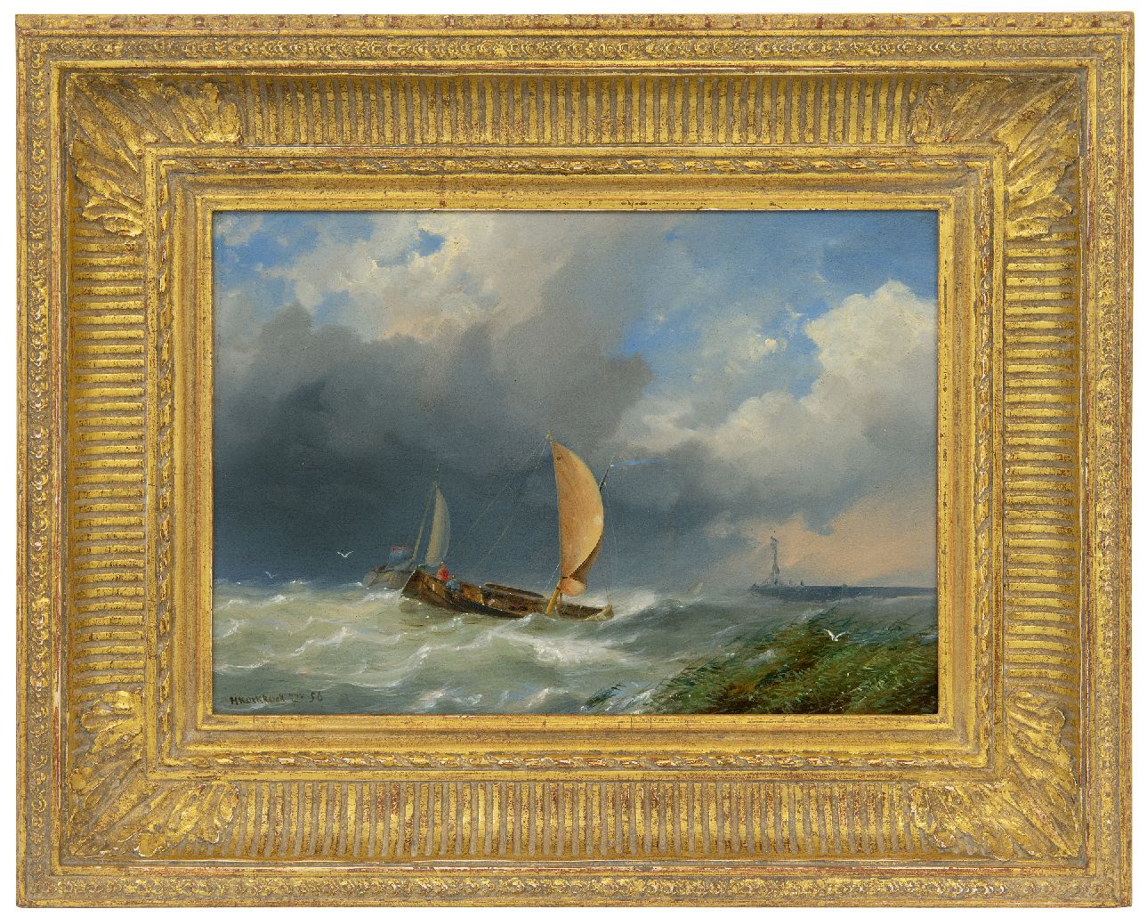 Koekkoek jr. H.  | Hermanus Koekkoek jr., Ships in a storm near a harbour entrance, oil on panel 21.1 x 30.3 cm, signed l.l. and dated '56