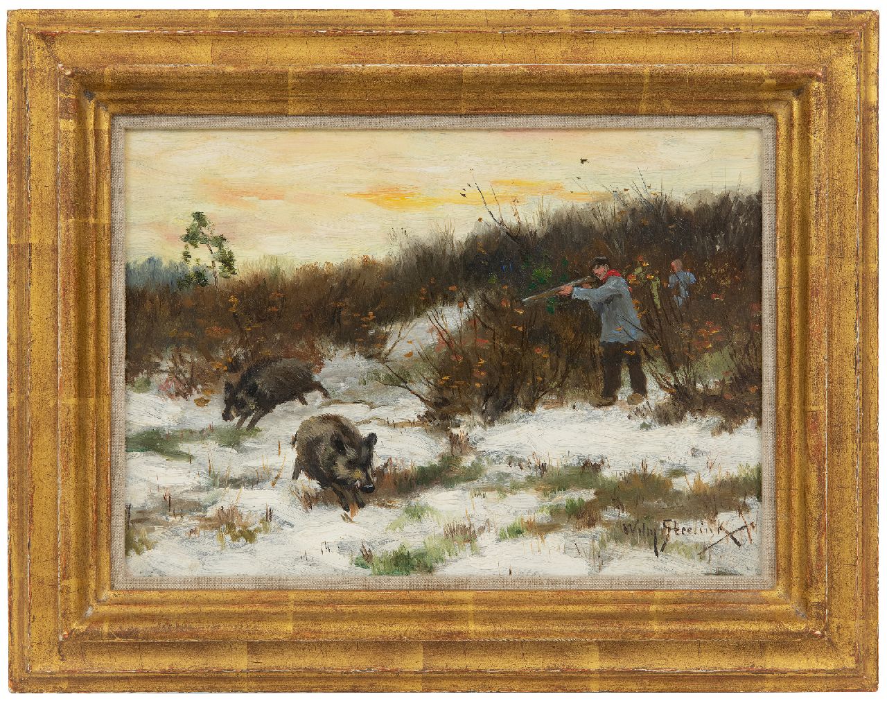Steelink jr. W.  | Willem Steelink jr., Boar hunt in de snow, oil on panel 19.8 x 28.0 cm, signed l.r.