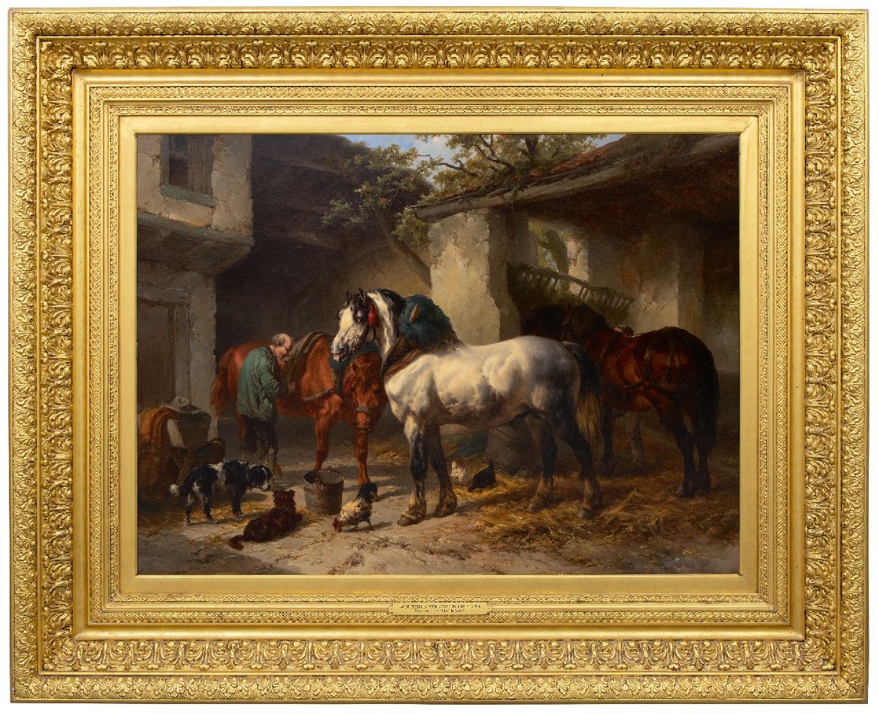 Verschuur W.  | Wouterus Verschuur | Paintings offered for sale | Horses in a stableyard, oil on canvas 76.3 x 106.2 cm, signed l.l.