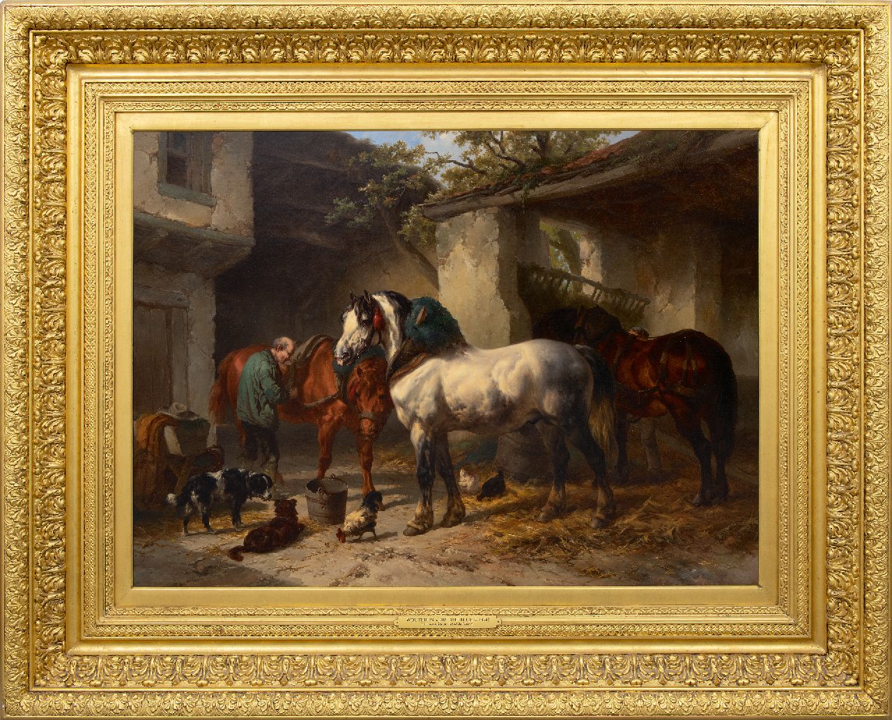 Verschuur W.  | Wouterus Verschuur | Paintings offered for sale | Horses in a stableyard, oil on canvas 76.3 x 106.2 cm, signed l.l.