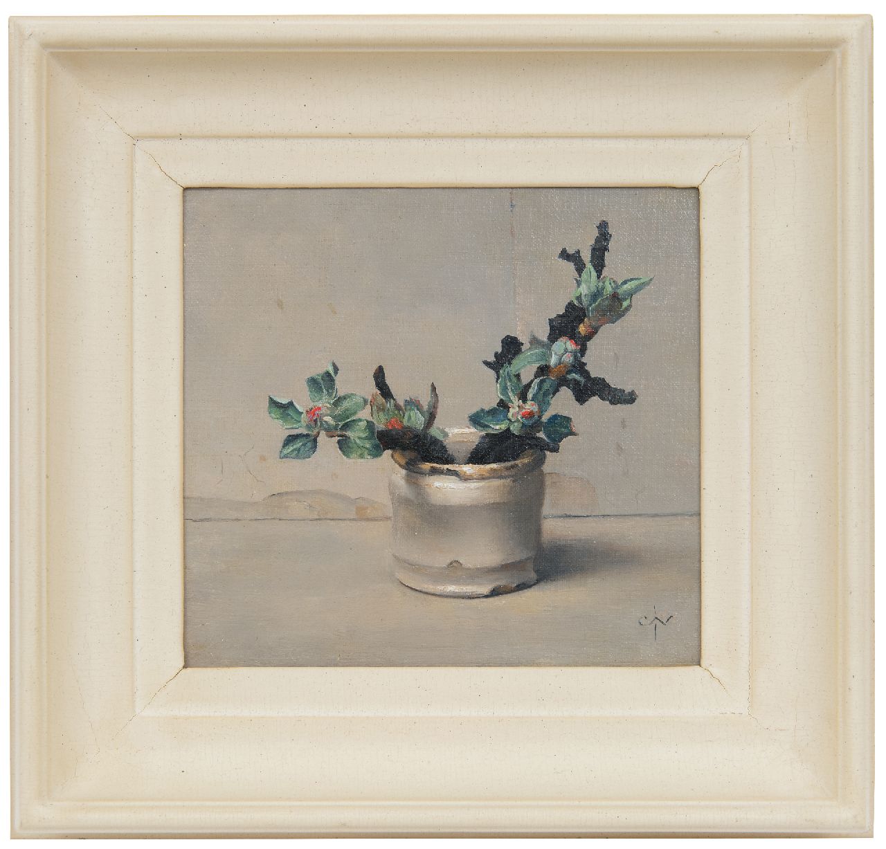 Nachenius J.C.  | Jan Coenraad Nachenius, Budding branches in a white pot, oil on panel 17.7 x 19.2 cm, signed l.l. with monogram