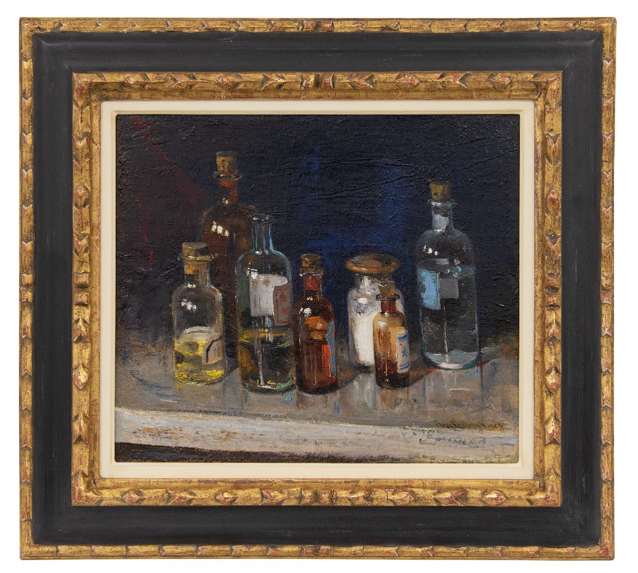 Helfferich F.W.  | Franciscus Willem 'Frans' Helfferich, Stil life with glass bottles, oil on canvas 30.2 x 34.5 cm, signed l.r. and dated 1906
