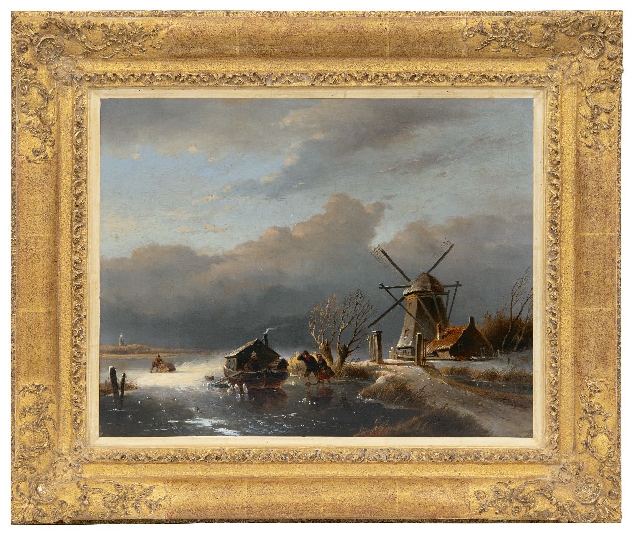 Parré M.  | Matthias Parré | Paintings offered for sale | Ice scene with figures and a barge stuck in the ice, oil on panel 35.4 x 44.9 cm