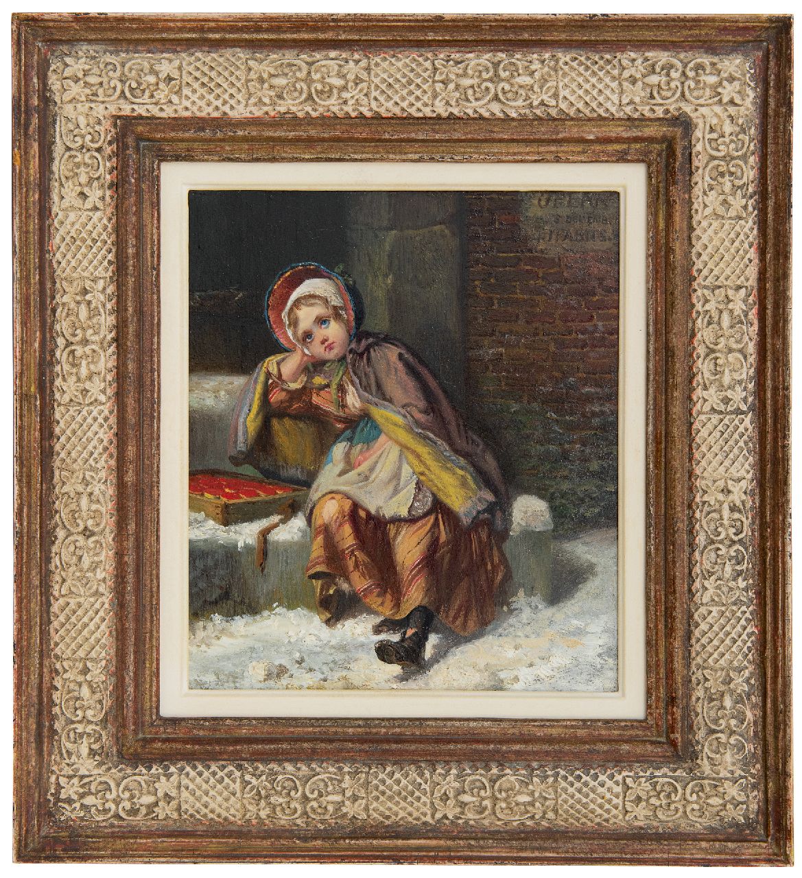 Fabius J.  | Jan Fabius, A girl selling matches in the snow, oil on panel 21.7 x 18.9 cm, signed u.r.