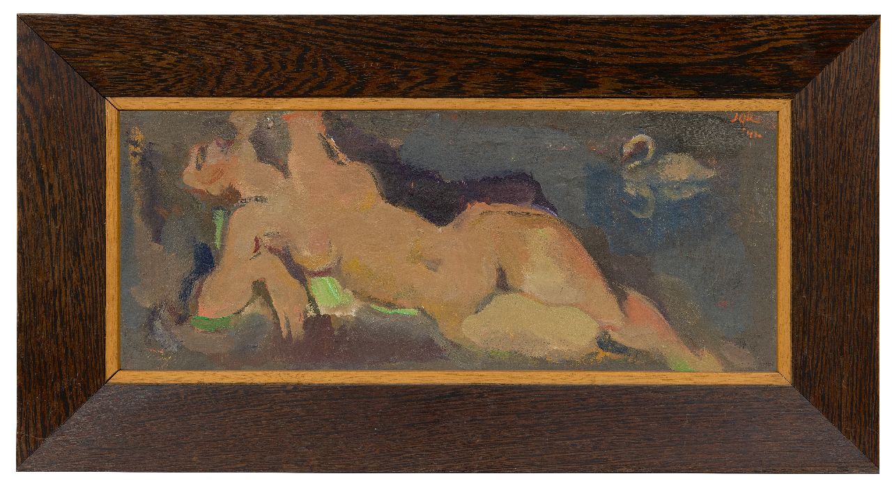 Jordens J.G.  | 'Jan' Gerrit Jordens, Reclining nude (Leda and the swan), oil on canvas 20.9 x 50.6 cm, signed u.r. and dated '42