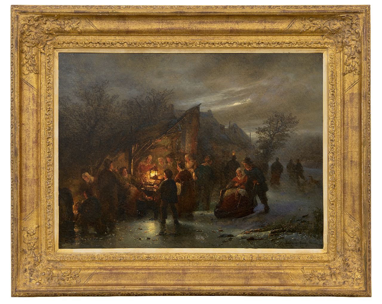 Haanen G.G.  | George Gillis Haanen | Paintings offered for sale | Night scene on the ice by a koek-en-zopie, oil on canvas 45.2 x 60.3 cm, signed l.r. and without frame