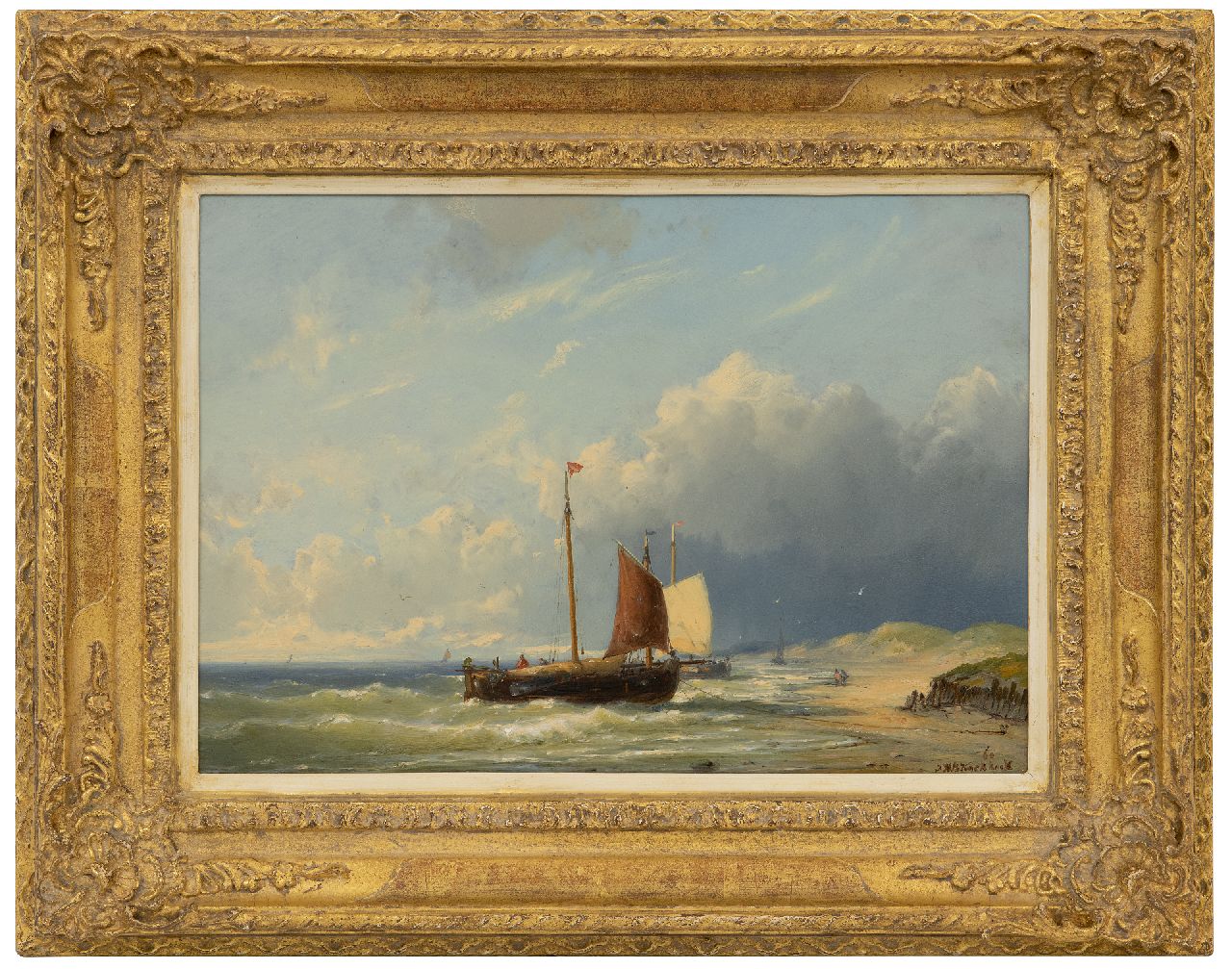 Koekkoek J.H.B.  | Johannes Hermanus Barend 'Jan H.B.' Koekkoek | Paintings offered for sale | Fishing barges at the beach, oil on panel 27.2 x 38.9 cm, signed l.r. and dated '60