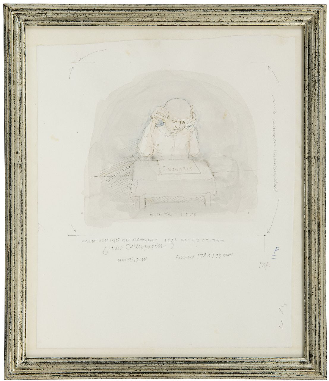 Westerik J.  | Jacobus 'Co' Westerik | Watercolours and drawings offered for sale | Man at table with voices, pencil, ink and watercolour on paper 32.5 x 26.5 cm, signed l.c. and dated 1993