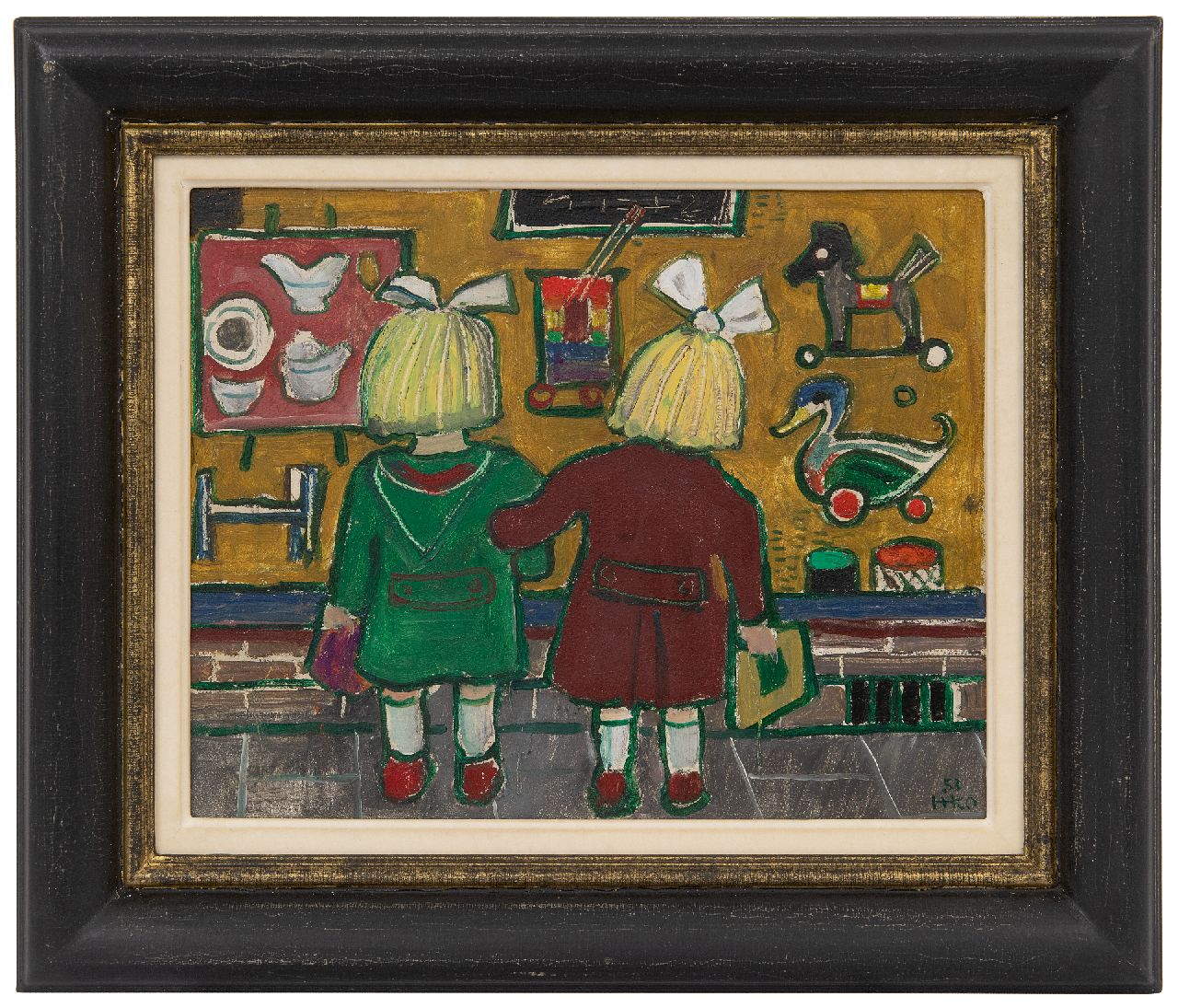 Kamerlingh Onnes H.H.  | 'Harm' Henrick Kamerlingh Onnes, Children in front of the window of a toyshop, oil on board 23.7 x 29.7 cm, signed l.r. with monogram and dated '53