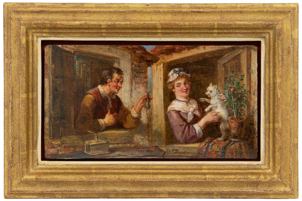 Reijntjens H.E.  | Henricus Engelbertus Reijntjens, The cat-and-mouse game, oil on panel 15.0 x 28.1 cm, signed l.c.