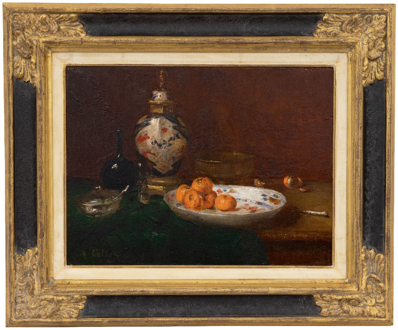 Vollon A.  | Antoine Vollon, Still life with tangerines and an Imari lidded vase, oil on panel 26.6 x 35.1 cm, signed l.l.