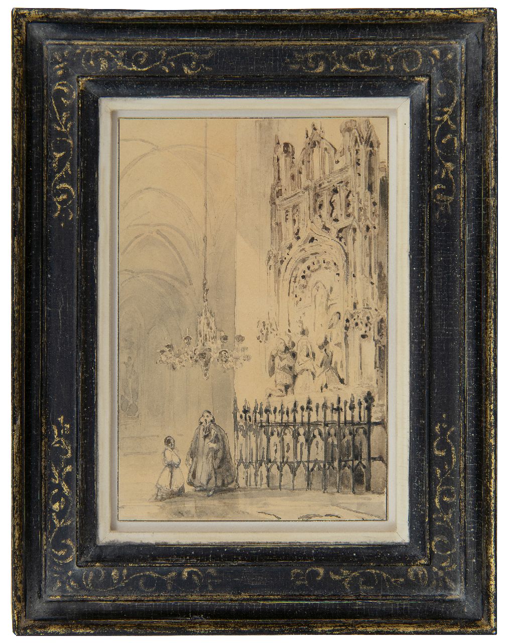 Bosboom J.  | Johannes Bosboom, Interior of the Grote Kerk te Breda with the funerary monument of Engelbert I van Nassau, pen, brush and ink on paper 15.8 x 10.6 cm, signed l.c.