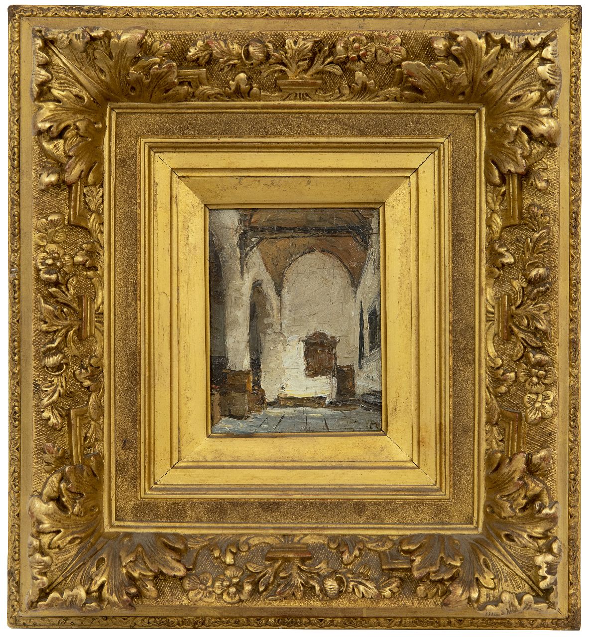 Bosboom J.  | Johannes Bosboom, Church interior, oil on panel 12.0 x 9.1 cm, signed l.r. with initials