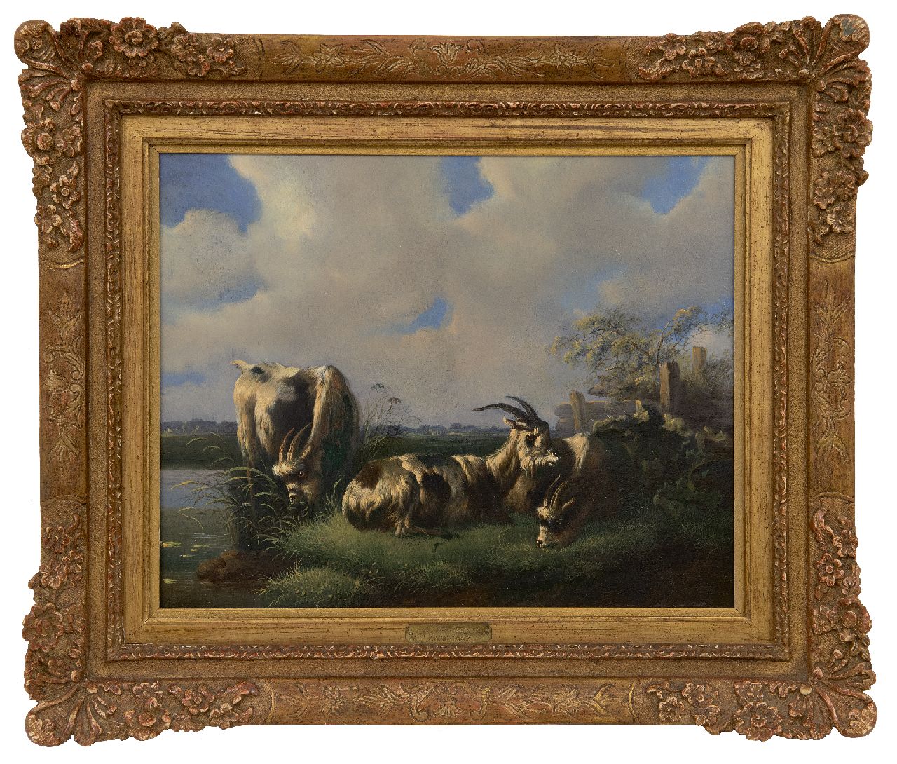 Verhoesen A.  | Albertus Verhoesen | Paintings offered for sale | Theww Dutch goats in a meadow, oil on panel 27.0 x 34.3 cm, signed l.r.