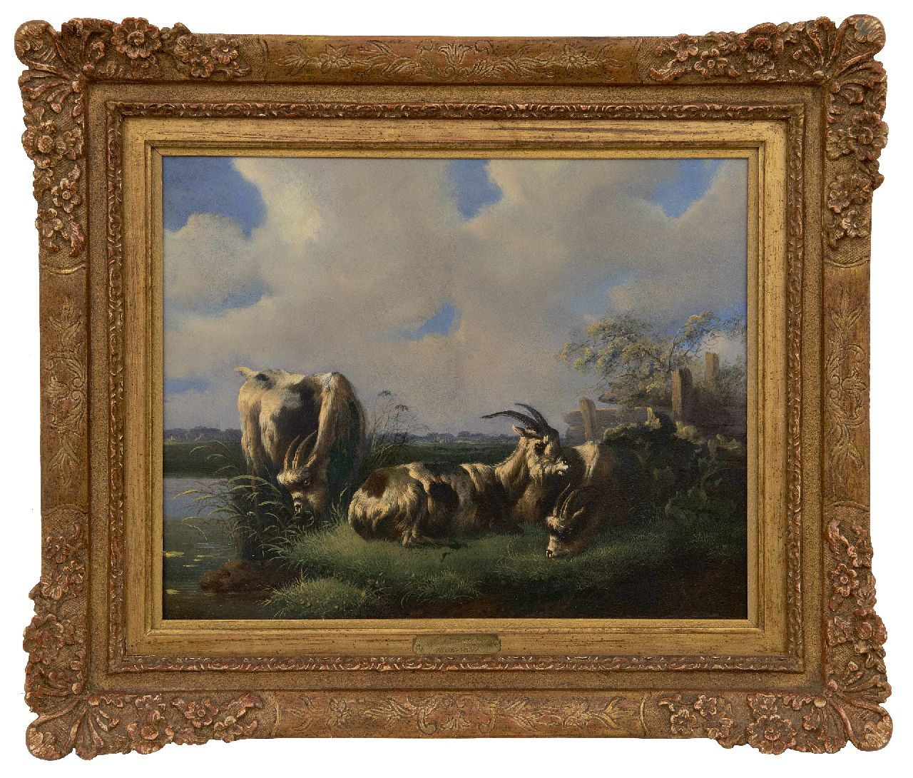 Verhoesen A.  | Albertus Verhoesen | Paintings offered for sale | Three Dutch goats in a meadow, oil on panel 27.0 x 34.3 cm, signed l.r.