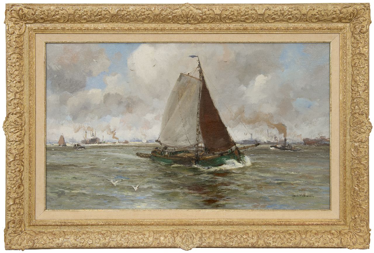 Voorden A.W. van | August Willem van Voorden | Paintings offered for sale | Barge on the river Maas, oil on canvas 57.6 x 97.9 cm, signed l.r.