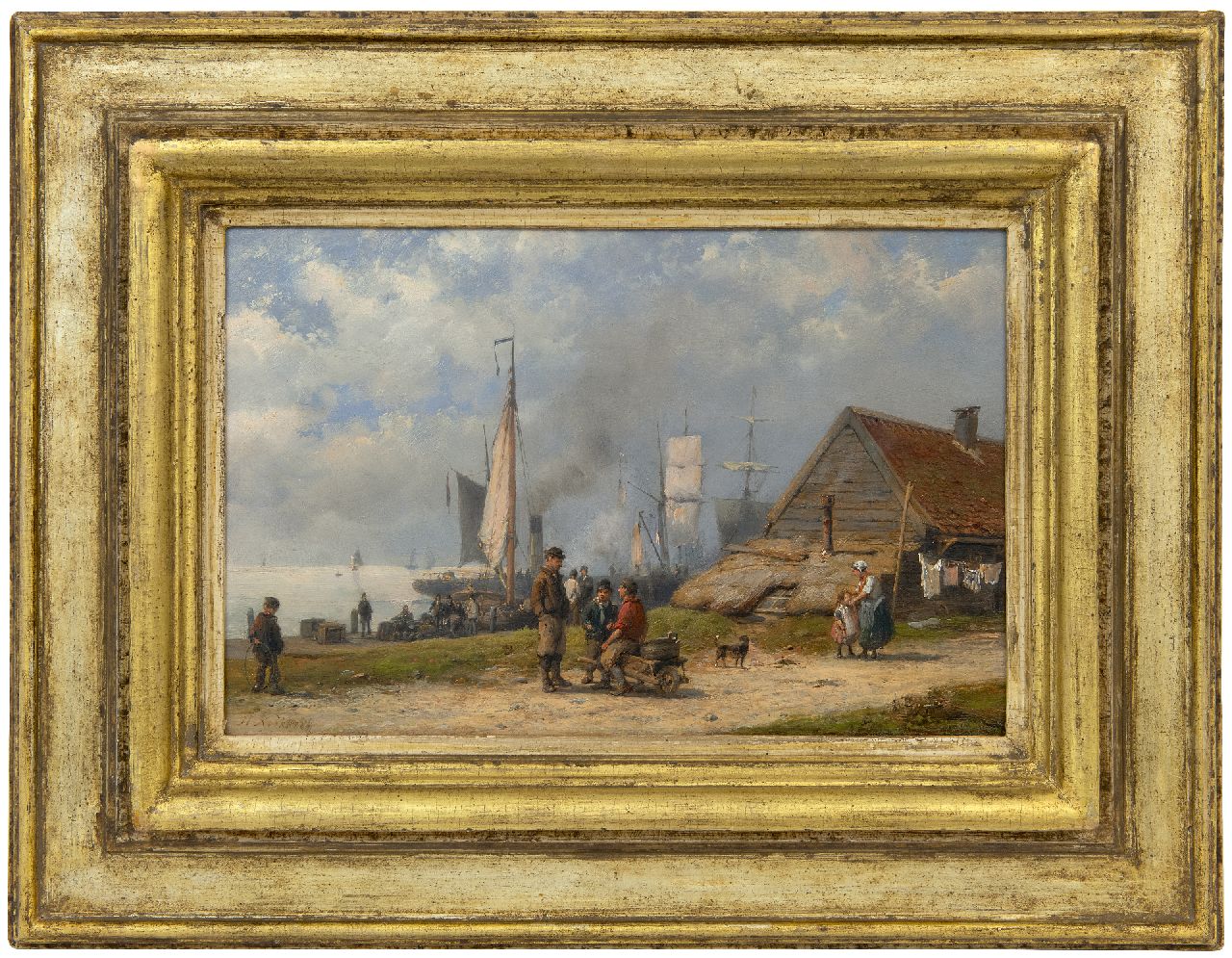 Koekkoek H.  | Hermanus Koekkoek | Paintings offered for sale | Fishermen and travellers at a rural harbour, oil on panel 21.3 x 32.5 cm, signed l.l.