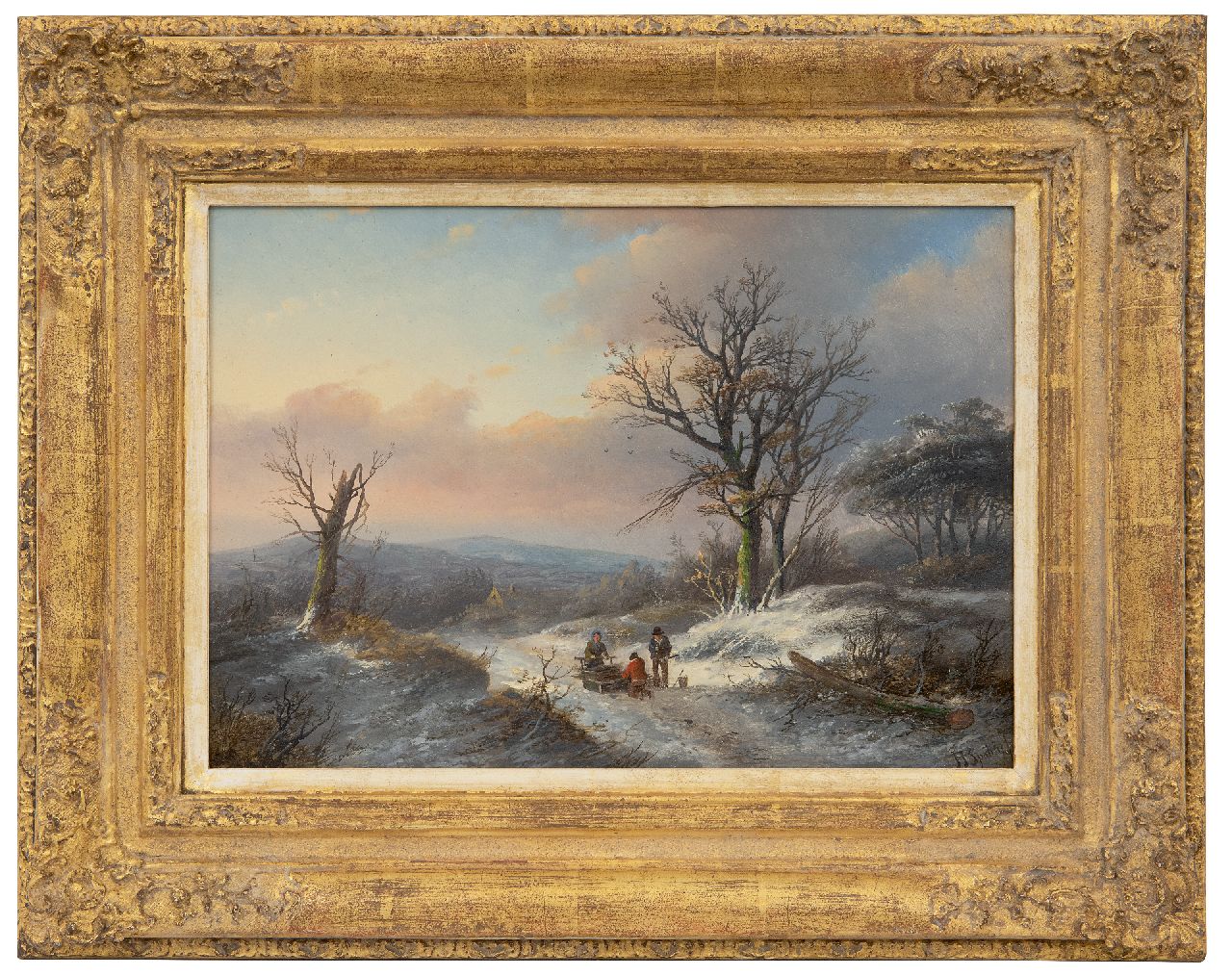 Spohler J.J.  | Jan Jacob Spohler | Paintings offered for sale | Winter landscape with wood gatherers, oil on panel 23.0 x 33.0 cm, signed l.r.