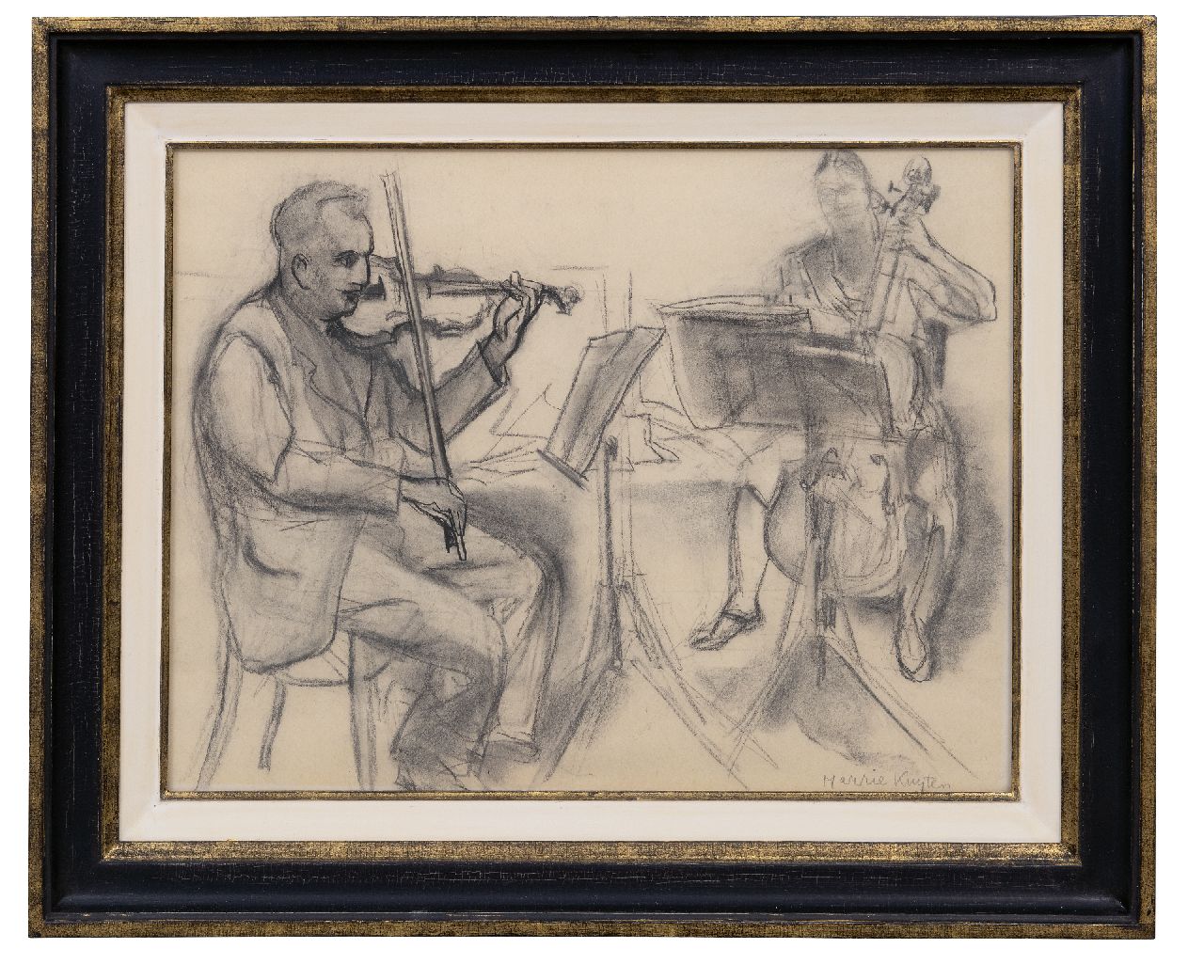 Kuijten H.J.  | Henricus Johannes 'Harrie' Kuijten | Watercolours and drawings offered for sale | Violinist and cellist playing, black chalk on paper 37.1 x 47.8 cm, signed l.r.