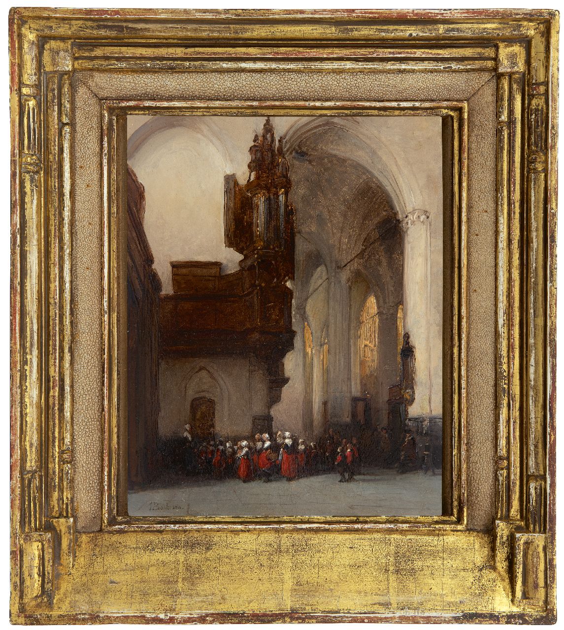 Bosboom J.  | Johannes Bosboom, Amsterdam orphans in the Nieuwe Kerk, oil on panel 29.2 x 21.3 cm, signed l.l.