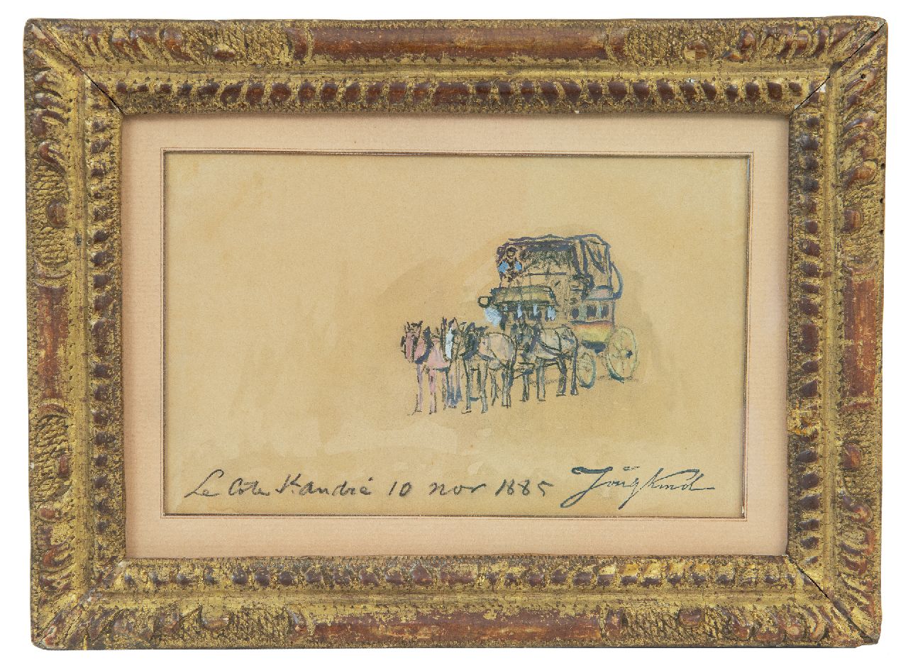 Jongkind J.B.  | Johan Barthold Jongkind | Watercolours and drawings offered for sale | The stagecoach, La Côte-Saint-André, black chalk and watercolour on paper 10.3 x 16.7 cm, signed l.r. with the artist's stamp and dated 'La Côte St. André 10 nov 1885'