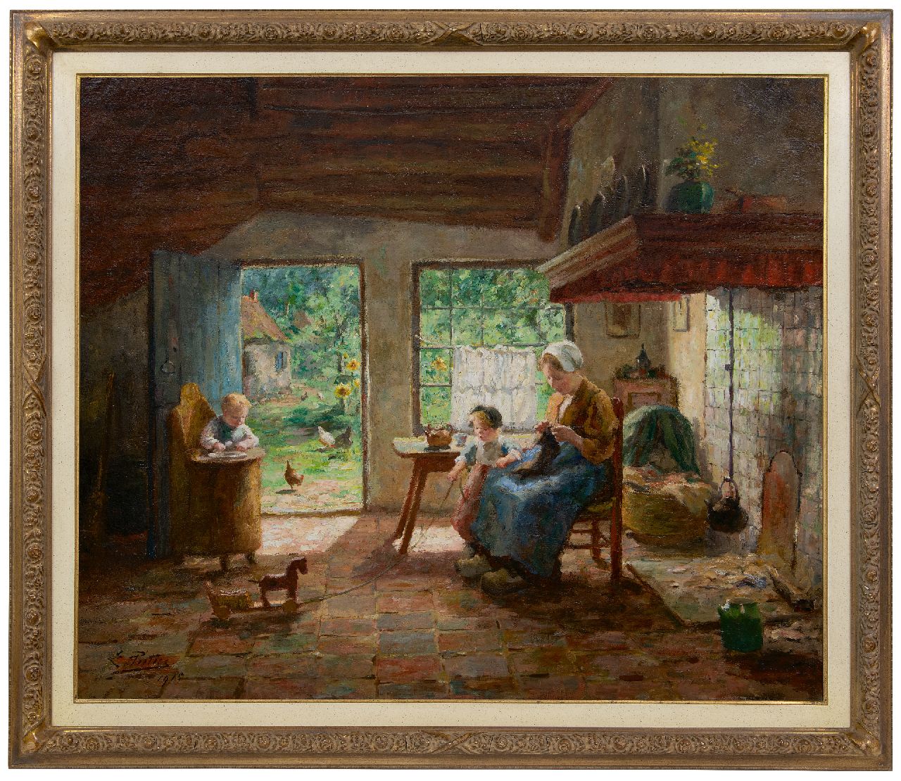 Pieters E.  | Evert Pieters | Paintings offered for sale | Mother and children in a sunny farmhouse interior, oil on canvas 78.5 x 92.4 cm, signed l.l. and dated 1915