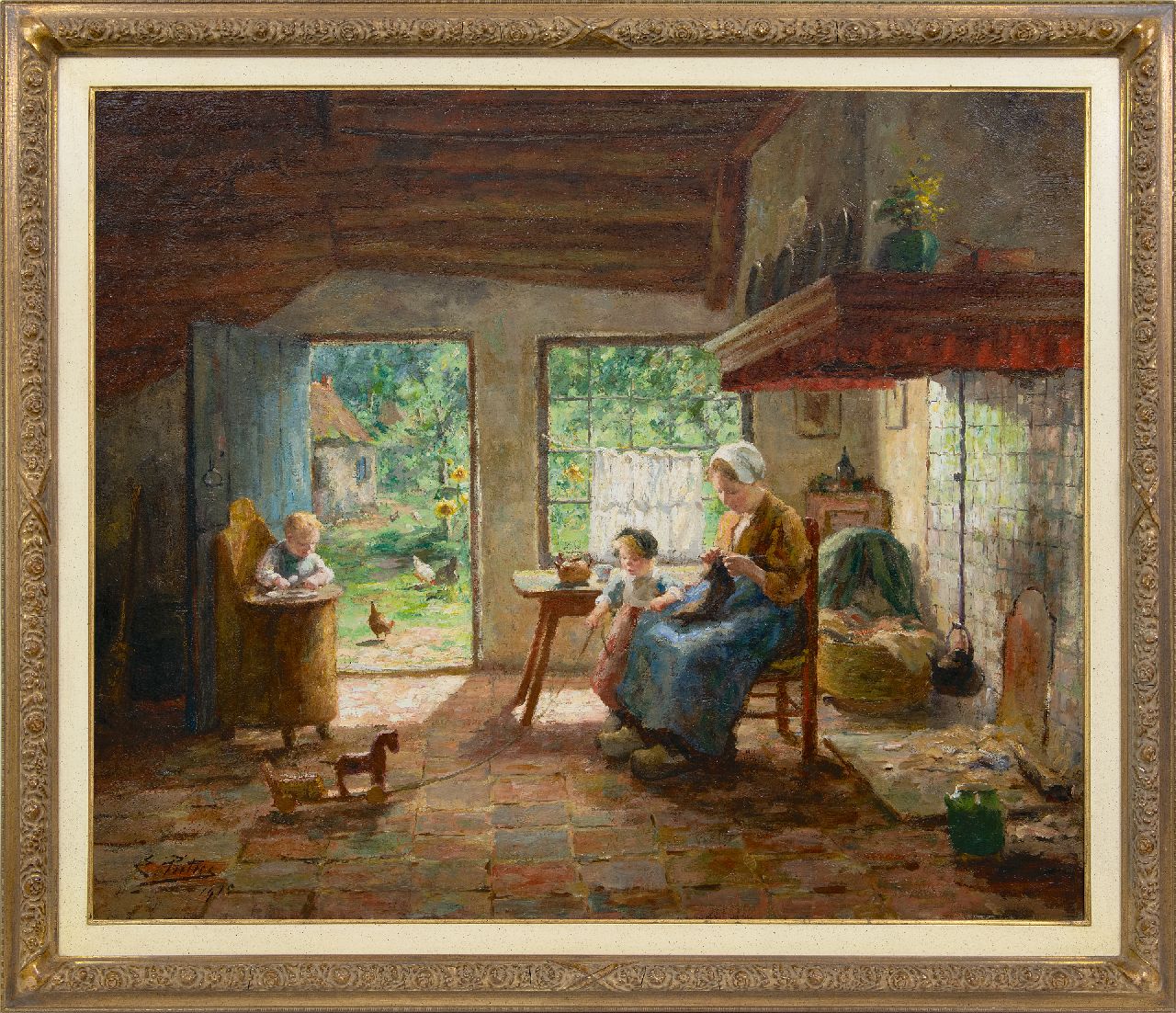 Pieters E.  | Evert Pieters | Paintings offered for sale | Mother and children in a sunny farmhouse interior, oil on canvas 78.5 x 92.4 cm, signed l.l. and dated 1915