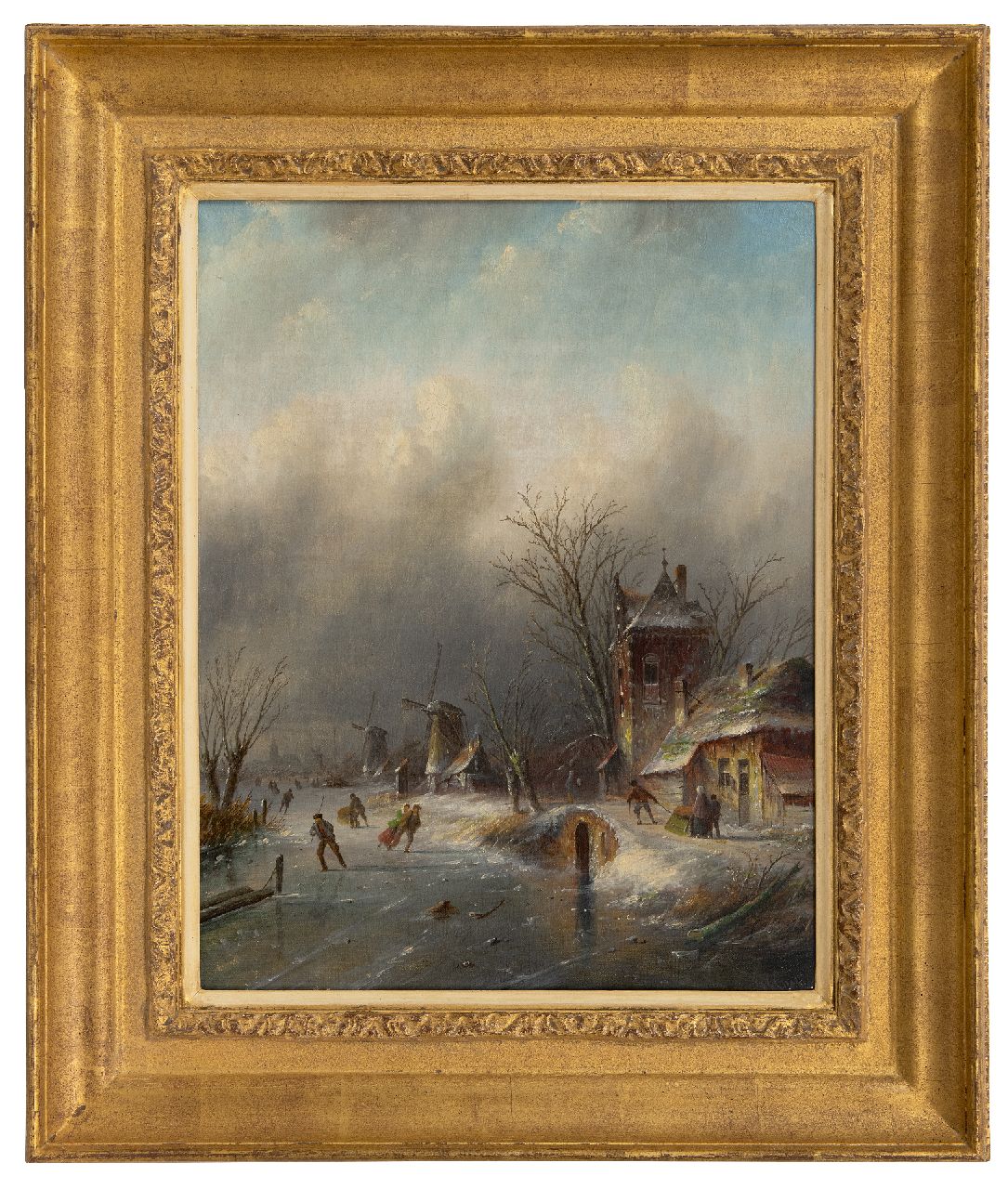 Spohler J.J.C.  | Jacob Jan Coenraad Spohler, Skaters on the ice in an upcoming snowstorm, oil on canvas 44.3 x 34.9 cm, signed l.r.