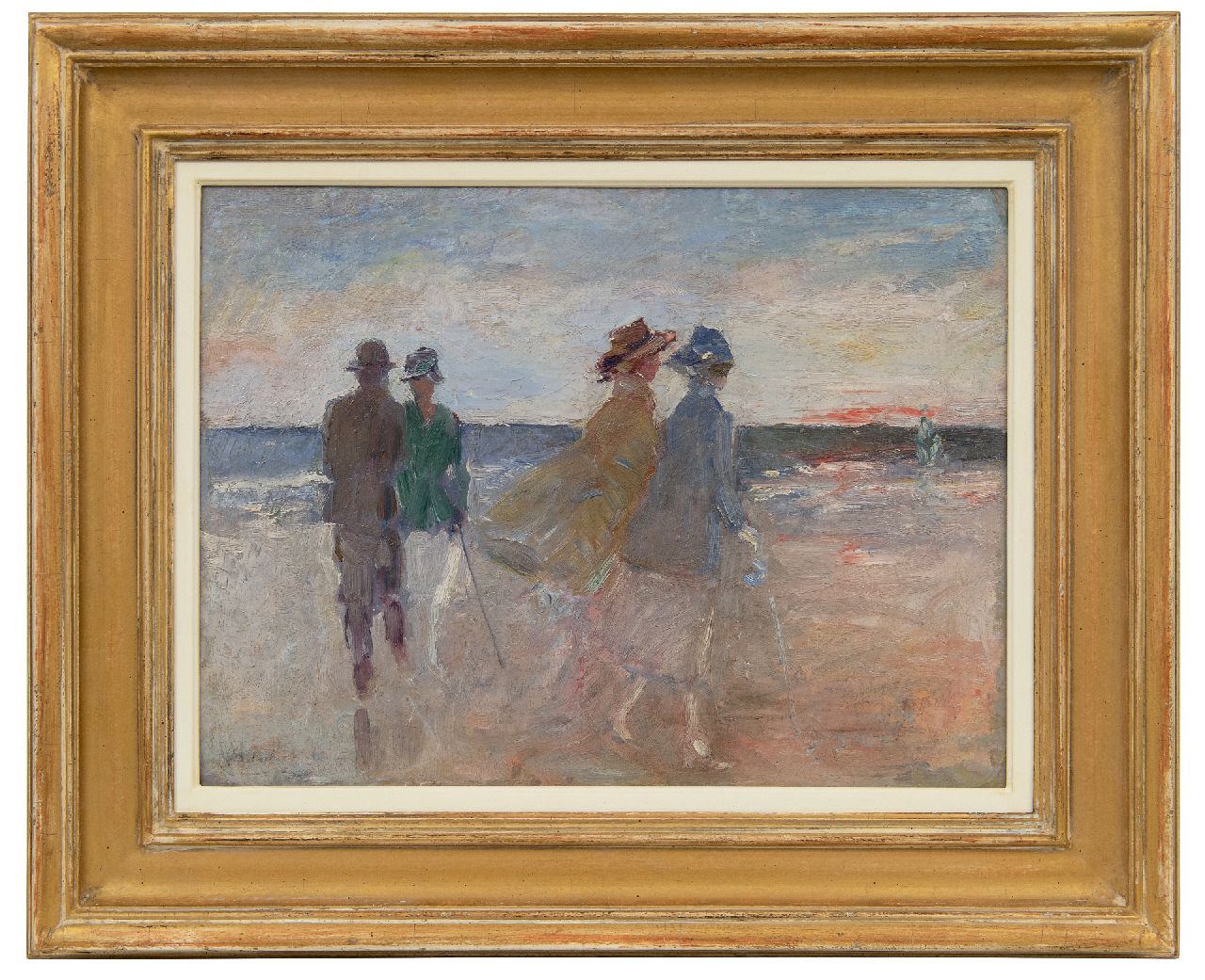 Rinke J.  | 'Jan' Frederik Rinke, Walking along the Scheveningen beach at sunset, oil on board 30.1 x 40.2 cm, signed l.l. (remains)