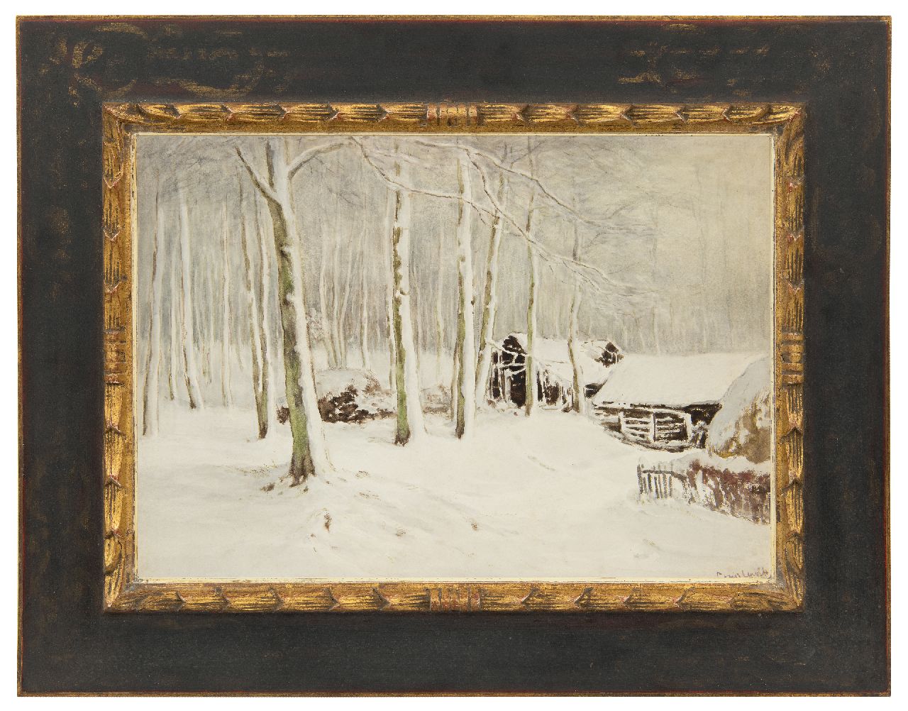Apol L.F.H.  | Lodewijk Franciscus Hendrik 'Louis' Apol | Watercolours and drawings offered for sale | Snowy barns in the forest, gouache on paper 36.5 x 52.1 cm, signed l.r.