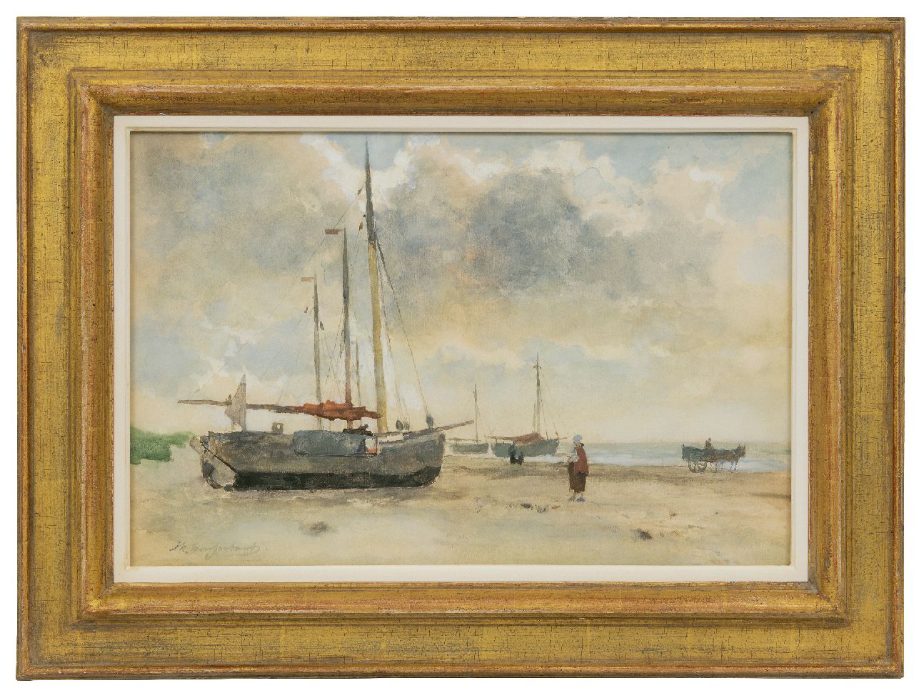 Weissenbruch H.J.  | Hendrik Johannes 'J.H.' Weissenbruch, Fishing boats on the beach, watercolour on paper 32.8 x 49.6 cm, signed l.l.