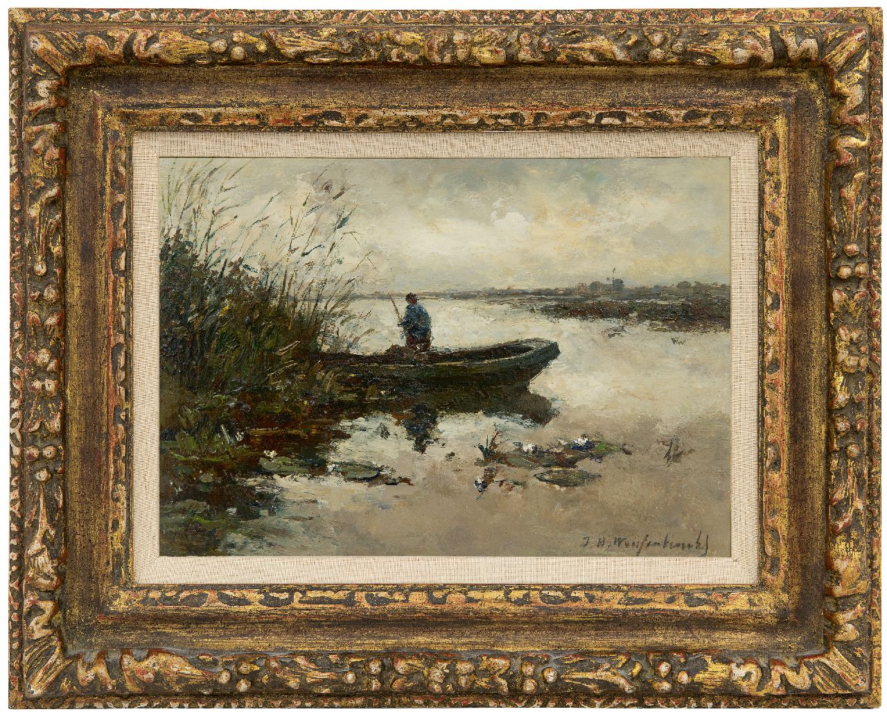 Weissenbruch H.J.  | Hendrik Johannes 'J.H.' Weissenbruch, Fishing in the polder, oil on panel 20.2 x 28.3 cm, signed l.r. and painted circa 1890-1895.