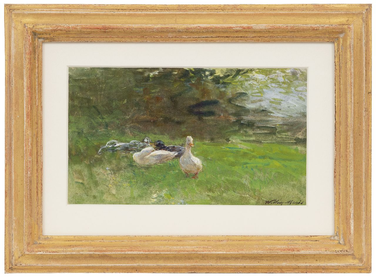 Maris W.  | Willem Maris | Watercolours and drawings offered for sale | Ducks in the grass, watercolour on paper 16.4 x 28.4 cm, signed l.r. and painted ca. 1880-1890